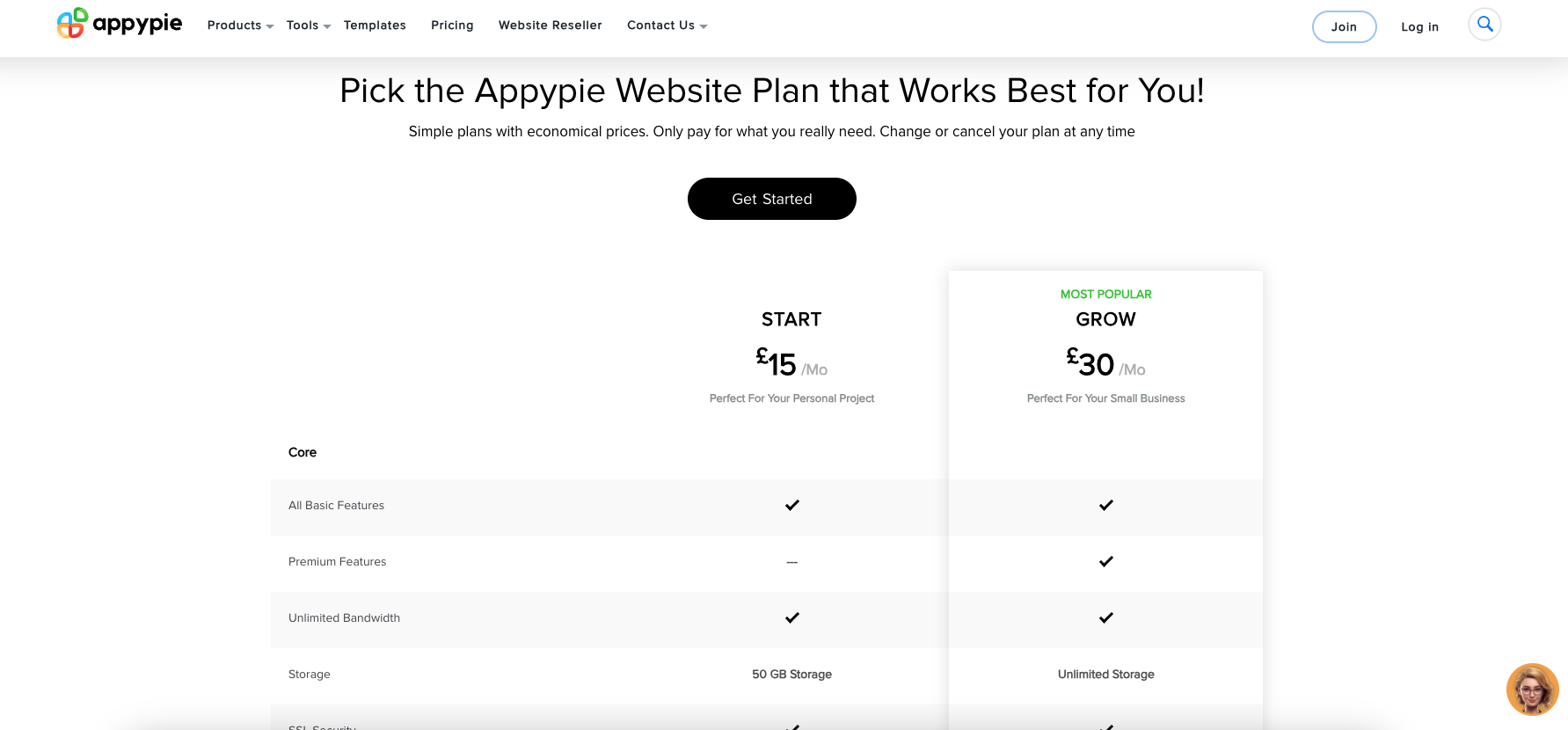 screenshot of Appy Pie website builder pricing