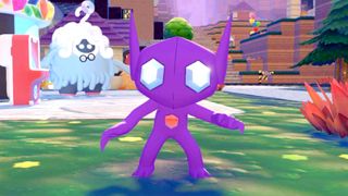 Sableye stands in from of a Pokemon Center in Pokopia