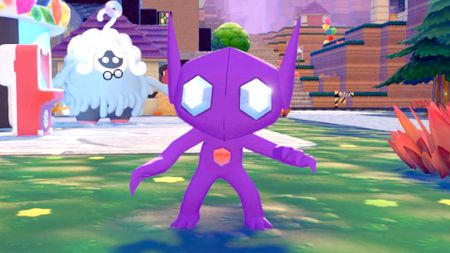 Sableye stands in from of a Pokemon Center in Pokopia