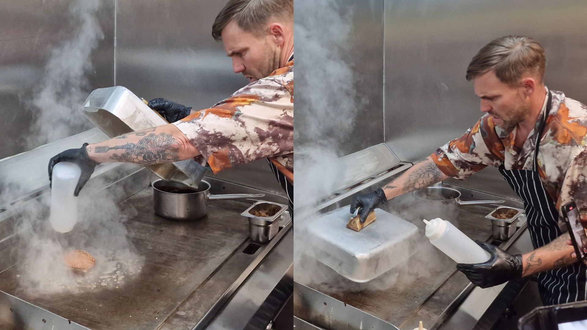 Finishing the smash burger process with steam