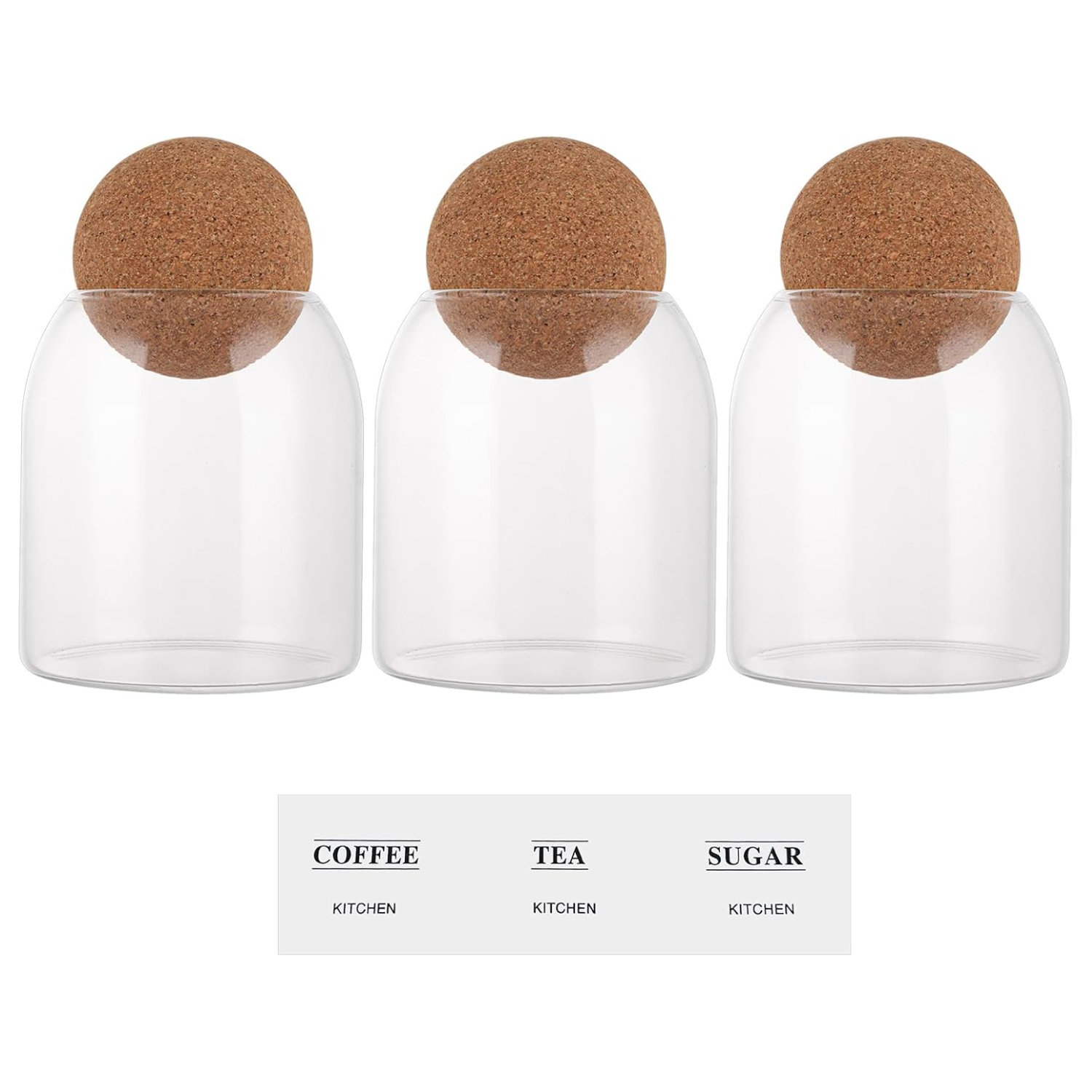 A set of three glass jars with cork ball lids