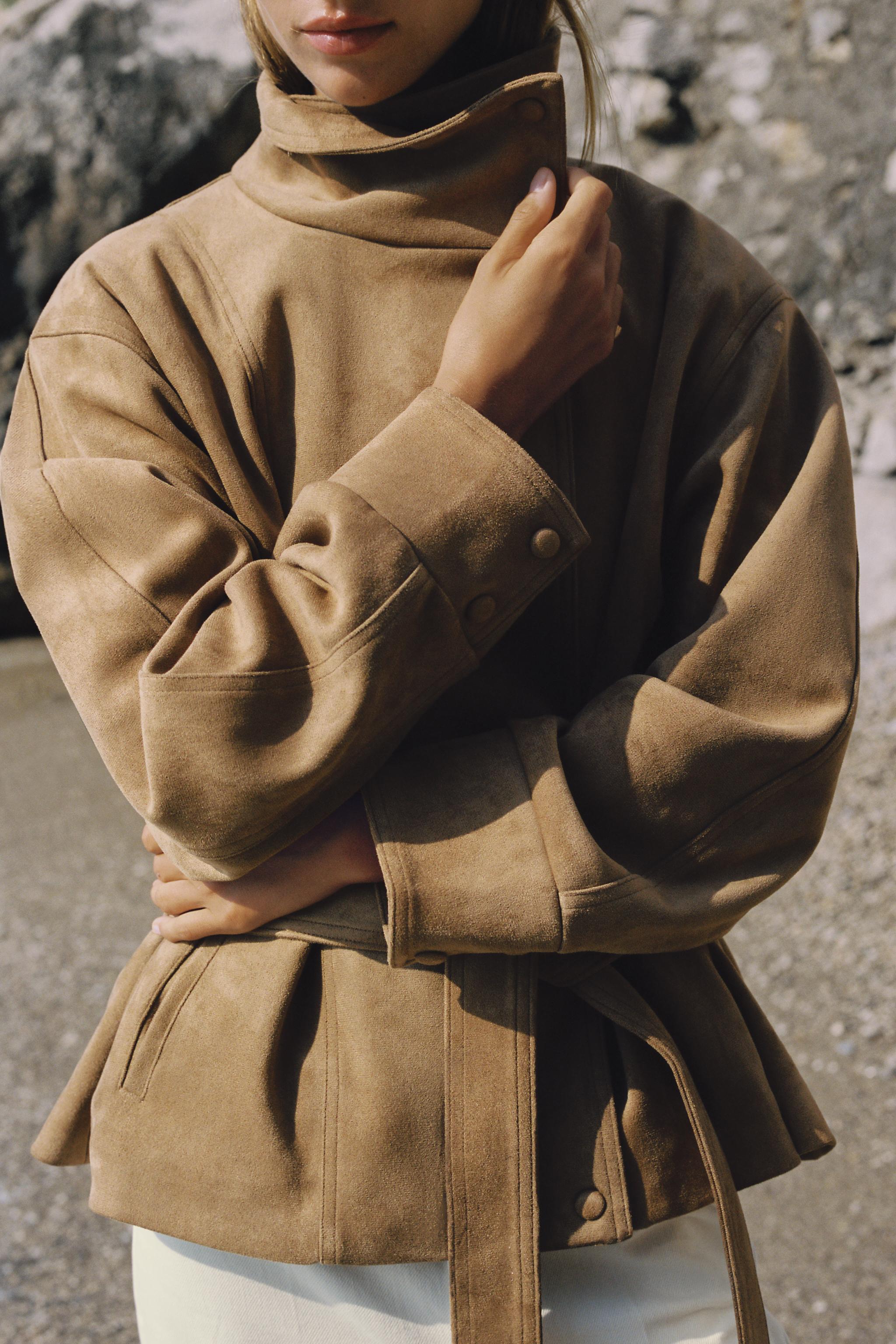 Faux Suede Belted Jacket - Dark Camel - S