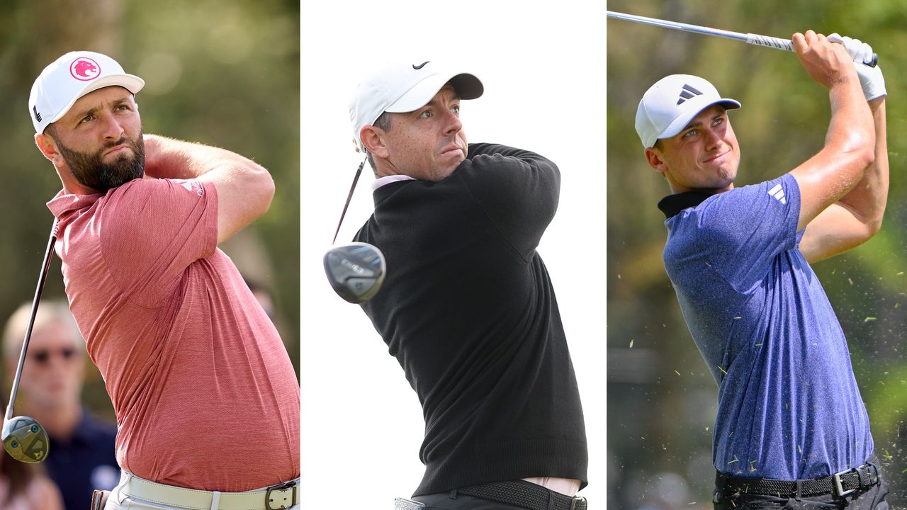 Jon Rahm, Rory McIlroy and Ludvig Aberg hitting shots