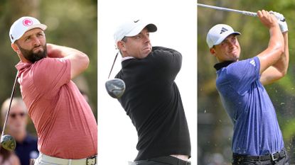 Jon Rahm, Rory McIlroy and Ludvig Aberg hitting shots