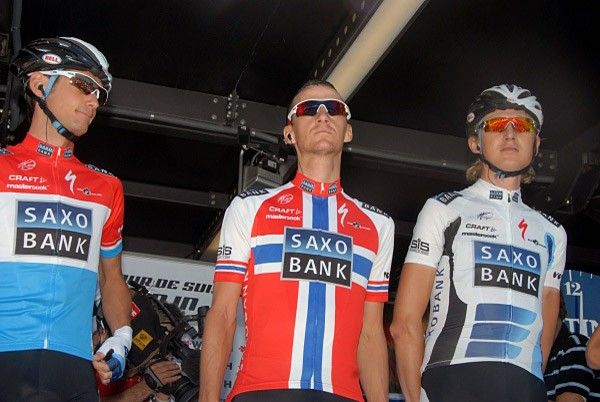 Team Saxo Bank teammates Frank Schleck, Kurt Asle Arvesen and Gustav Erik Larsson.