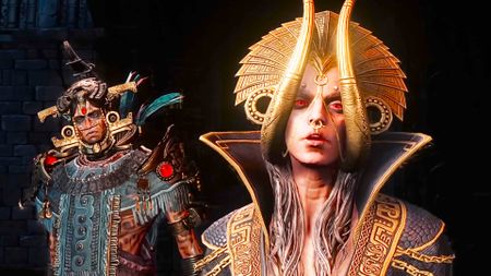 A screencap of the Path of Exile 2 Fate of the Vaal trailer. A woman stands in the foreground with a man in the background. Both of the mare adorned in golden jewelry and piercings. The woman in front has red eyes and gold horns framing her face. The man in the background looks on at her in confusion.