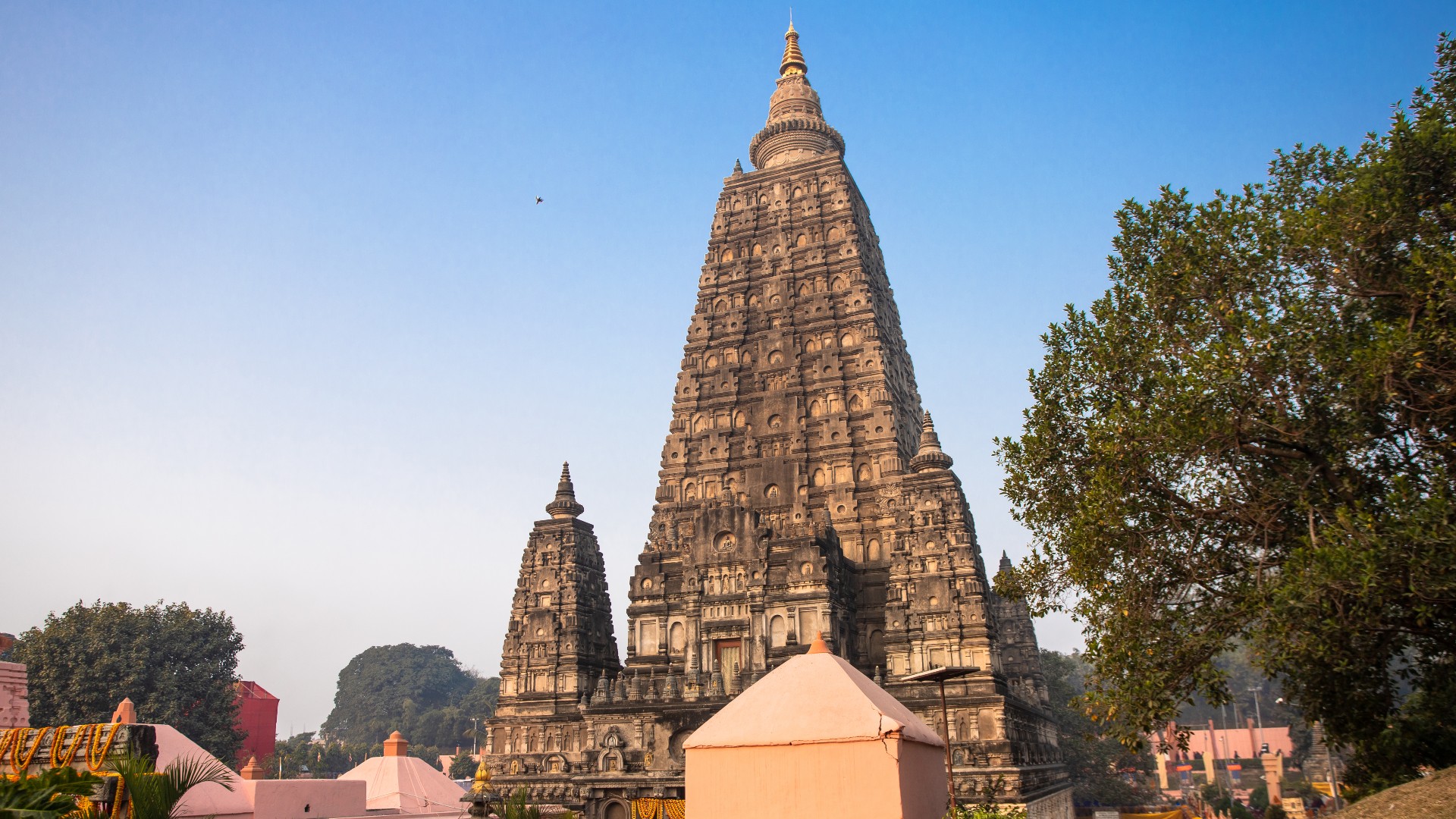 The stupa at Mahabodhi Temple Complex in Bodh Gaya, India. It is a UNESCO World Heritage Site.