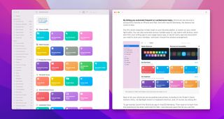 Screenshot of Shortcuts for Mac side-by-side with a story from the App Store about Shortcuts.
