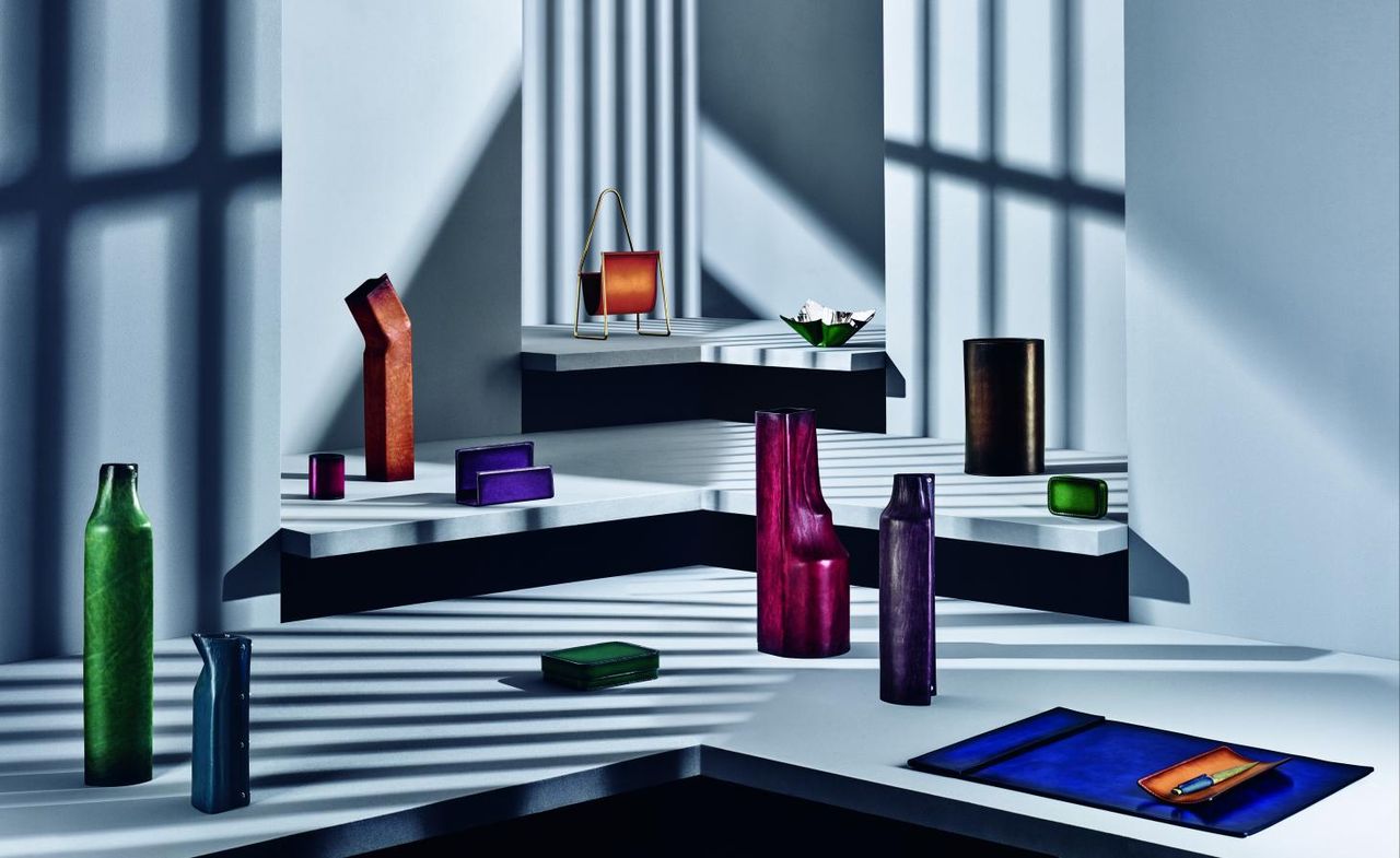 Berluti Home &amp; Office Objects collection curated by Kris Van Assche, including pieces by Werkstätte Carl Auböck, Afra and Tobia Scarpa, and Simon Hasan (landscape)