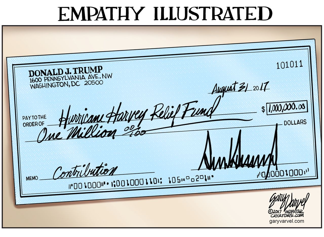 Political cartoon U.S. Trump Harvey empathy check