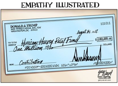 Political cartoon U.S. Trump Harvey empathy check