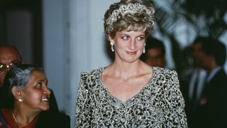 Diana, Princess of Wales (1961 - 1997) attends a banquet hosted by Shankar Dayal Sharma, the Indian Vice President, in Delhi, India, February 1992. She is wearing the Spencer family tiara and a beaded gown by Catherine Walker.