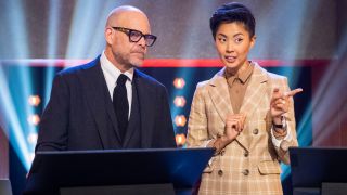 Alton Brown and Kristen Kish on Iron Chef: Quest for an Iron Legend.