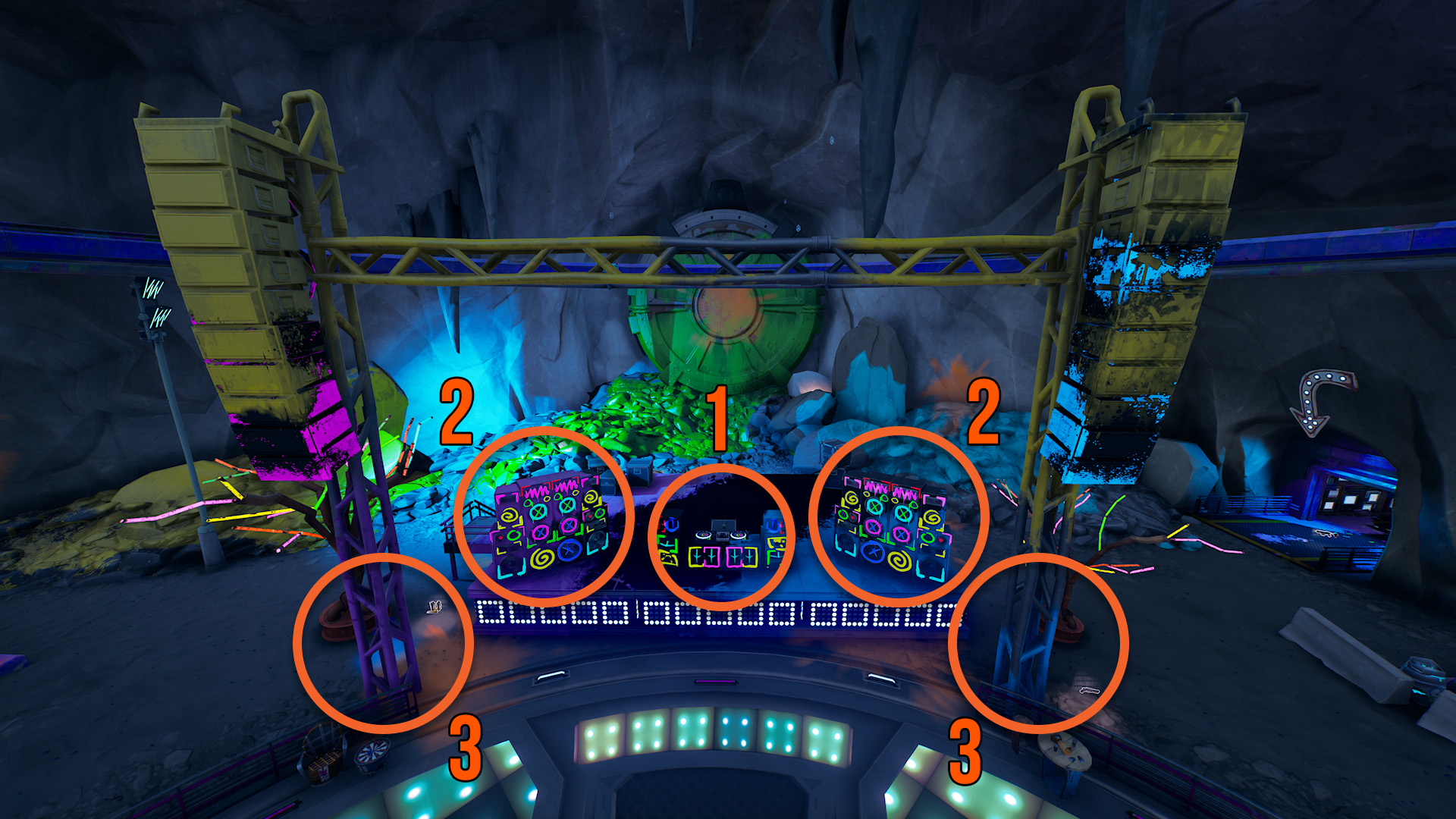 Fortnite rave cave stop music challenge guide showing which equipment to destroy