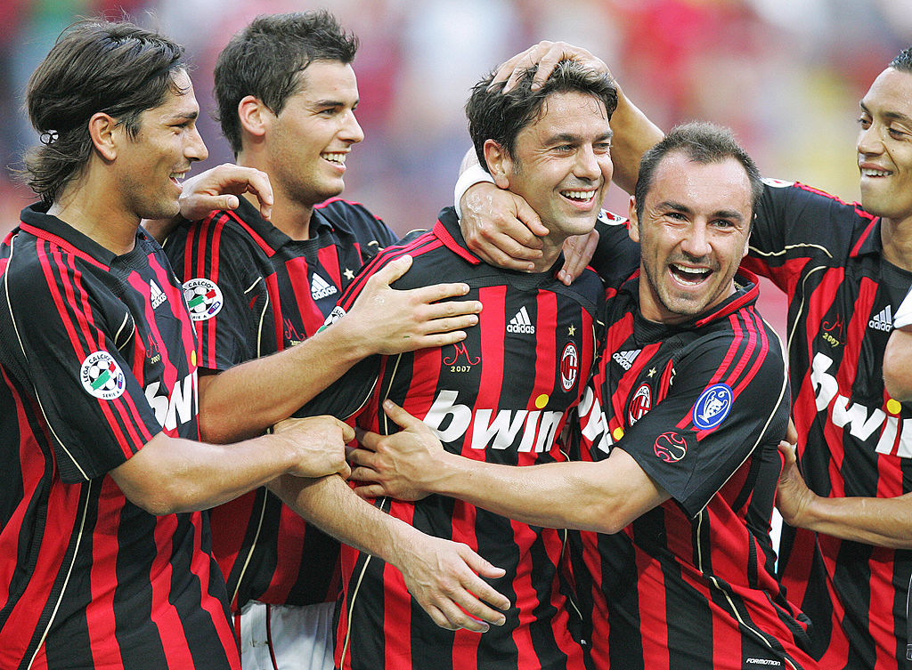 Milan, ITALY: AC Milan's captain defender Alessandro Costacurta (C) celebrates with teammates after scoring a goal against Udinese, during his last macth of Italian serie A football match at Udine's Friuli stadium, 19 May 2007. AFP PHOTO/ANDREAS SOLARO (Photo credit should read ANDREAS SOLARO/AFP via Getty Images)