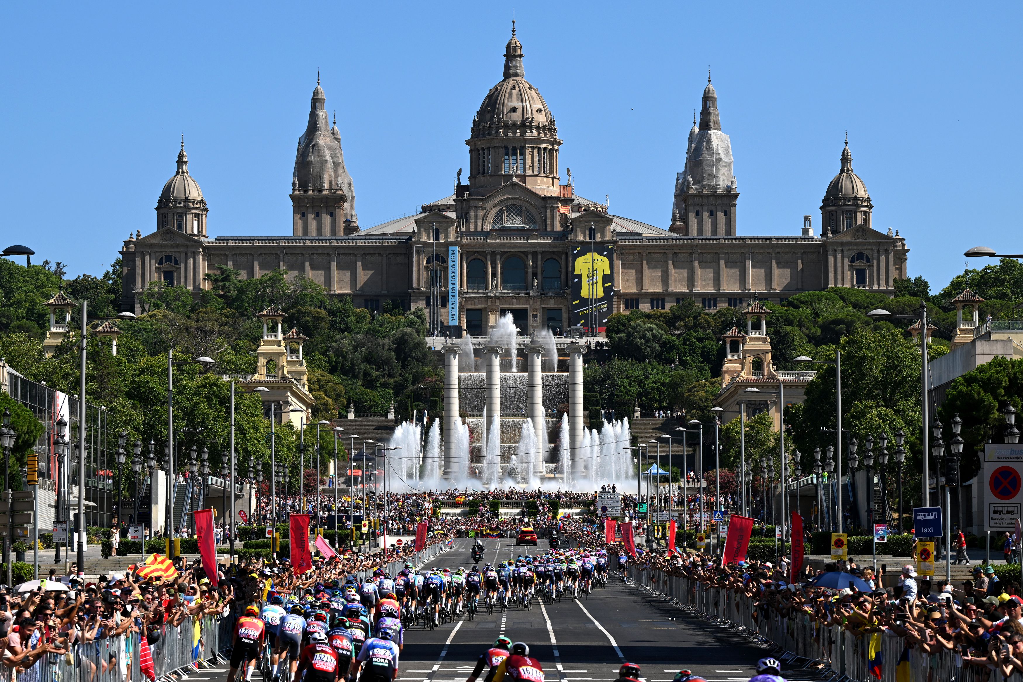 BARCELONA, SPAIN - JULY 05: A general view of the peloton passing Plaza de Espanya landscape during the 113th Tour de France 2026, Stage 2 a 168.5km stage from Tarragona to Barcelona 109m / #UCIWT / on July 05, 2026 in Barcelona, Spain. (Photo by Dario Belingheri/Getty Images)