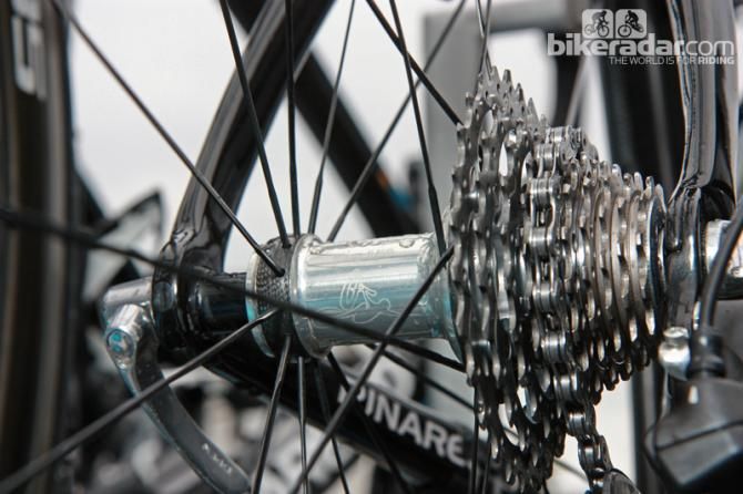 Team Sky was mostly on Shimano wheels this year but we occasionally caught 2012 Tour de France winner Bradley Wiggins aboard non-sponsor correct gear, including handbuilt wheels using Tune and Chris King hubs plus various ceramic bearing upgrades.