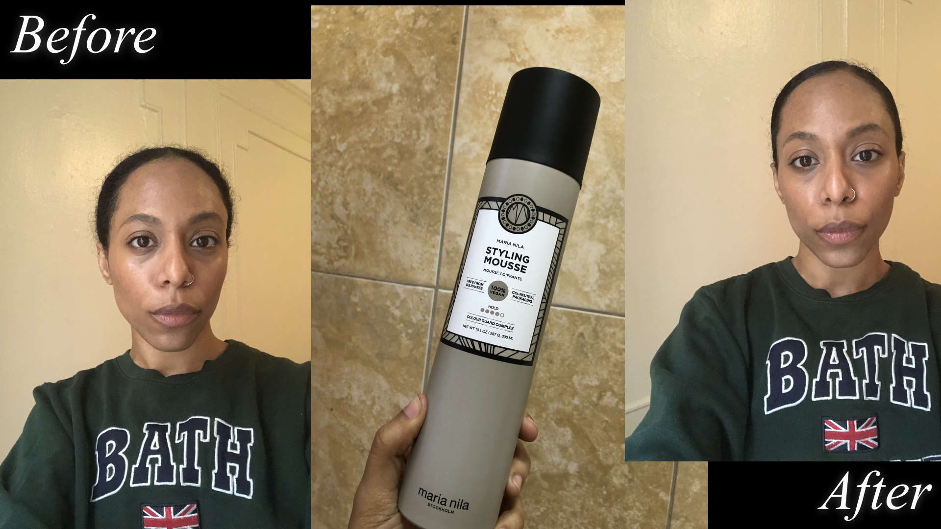 Jamie Wilson before, during, after application of the Maria Nila Styling Mousse.