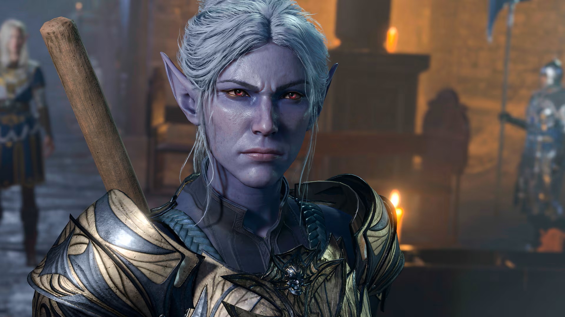 In Baldur's Gate 3 on PS5, companion Minthara scowls with a mace on her back