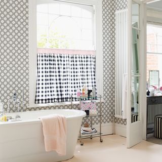black and white bathroom with monochrome tiles