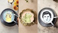 Latte art designs inspired by Pikachu from Pok&eacute;mon, Tom the Lizard from Pixar's Hoppers and Mark from Severance