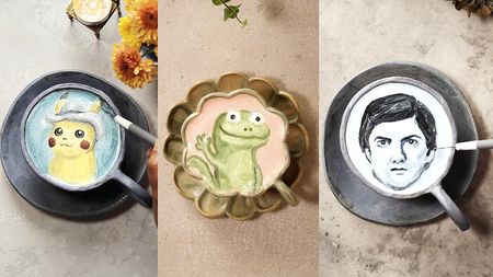 Latte art designs inspired by Pikachu from Pok&eacute;mon, Tom the Lizard from Pixar's Hoppers and Mark from Severance