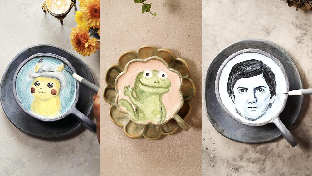Latte art designs inspired by Pikachu from Pok&eacute;mon, Tom the Lizard from Pixar's Hoppers and Mark from Severance
