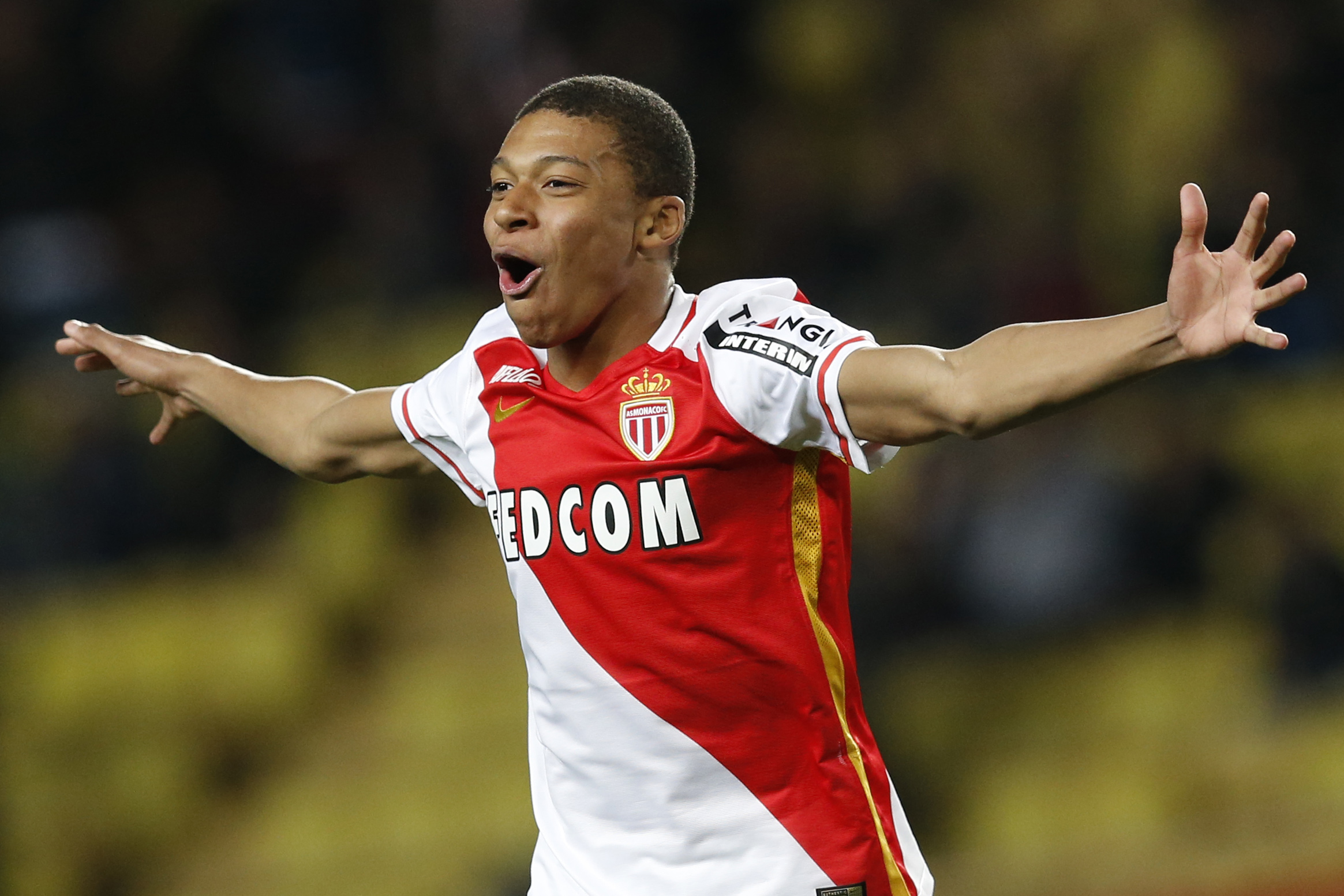 Kylian Mbappe celebrates a goal for Monaco against Troyes in February 2016.