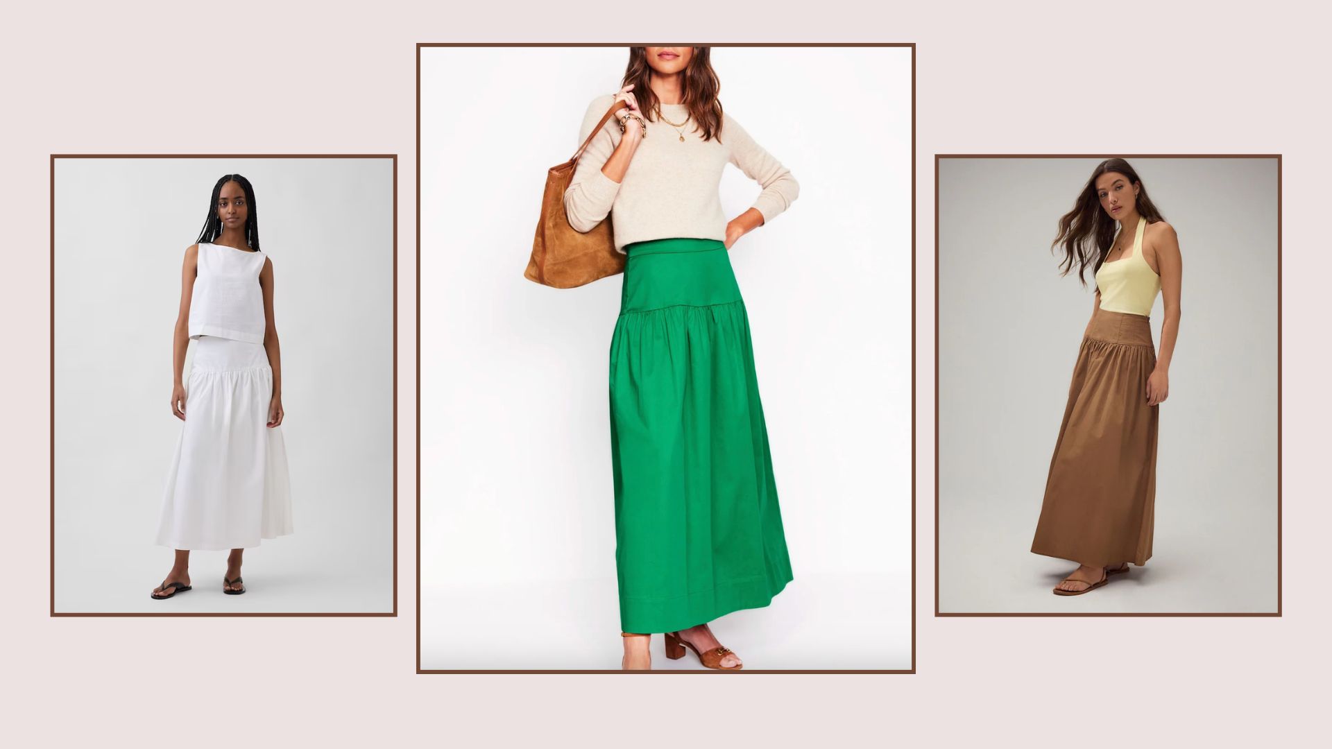 three models wearing a dropped waist skirt