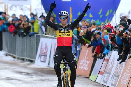 TRENTINO ITALY DECEMBER 12 Wout Van Aert of Belgium and Team JumboVisma celebrates winning 1st Val di Sole UCI CycloCross Worldcup 2021 Mens Elite CXWorldCup on December 12 2021 in Trentino Italy Photo by Luc ClaessenGetty Images