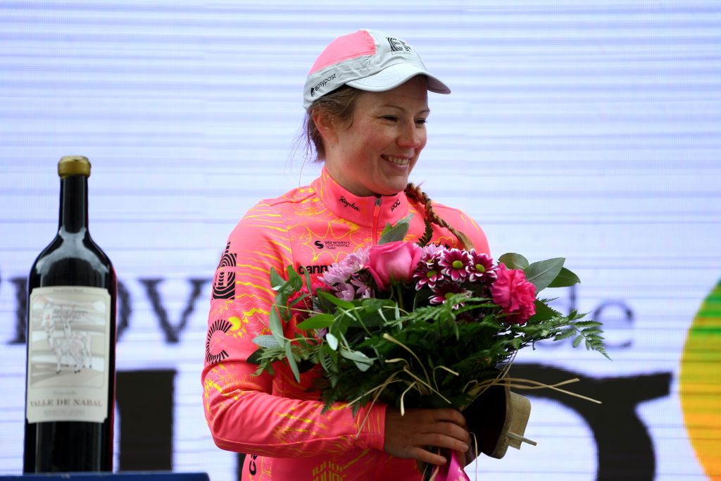 BURGOS SPAIN MAY 16 Lotta Henttala of Finland and Team EF EducationCannondale celebrates at podium as stage winner during the 9th Vuelta a Burgos Feminas 2024 Stage 1 a 123km stage from Villagonzalo Pedernales to Burgos UCIWWT on May 16 2024 in Burgos Spain Photo by Alex BroadwayGetty Images