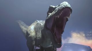 Roberta the T-Rex roars while being pursued in Jurassic World: Chaos Theory,.