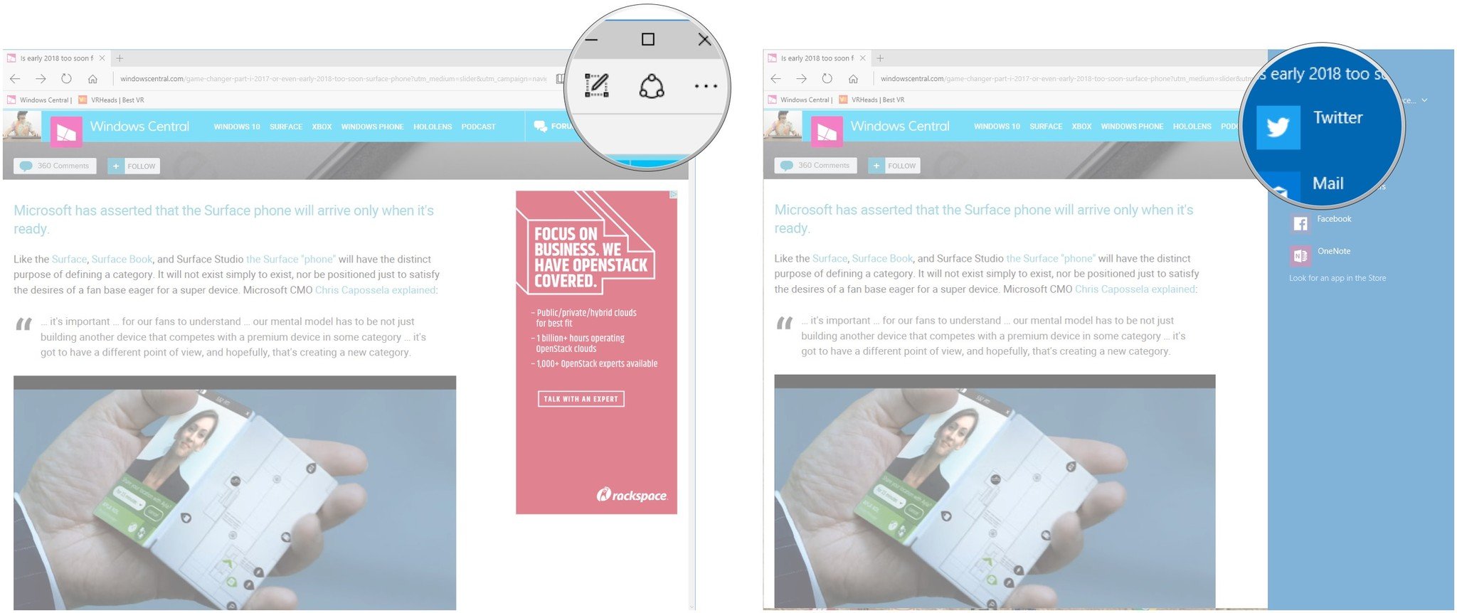 Click the Share button. Click an app.