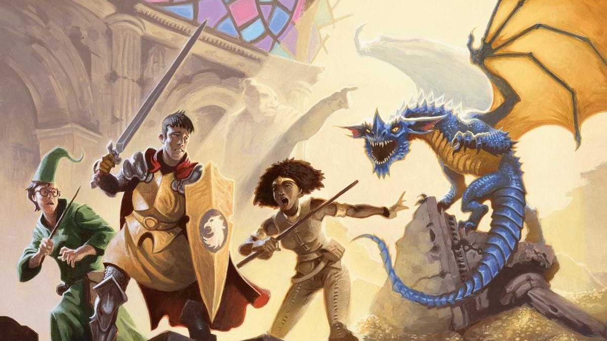 Art of Dungeons & Dragons aventureiros lutando contra um dragão.