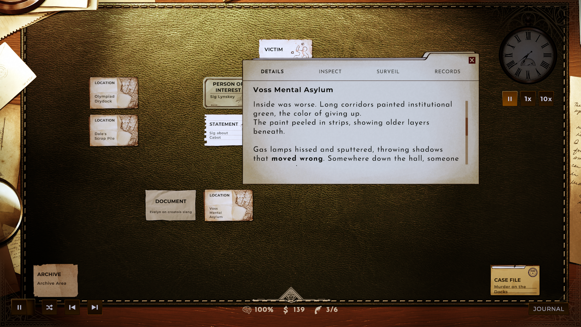 Looking at clues on a 1930s desk in Obsidian Moon.