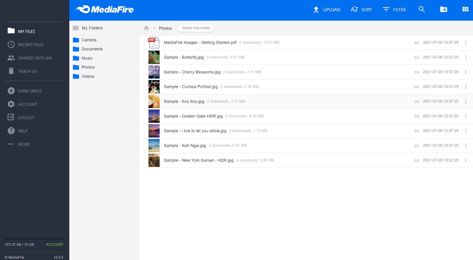 MediaFire's file manager in use