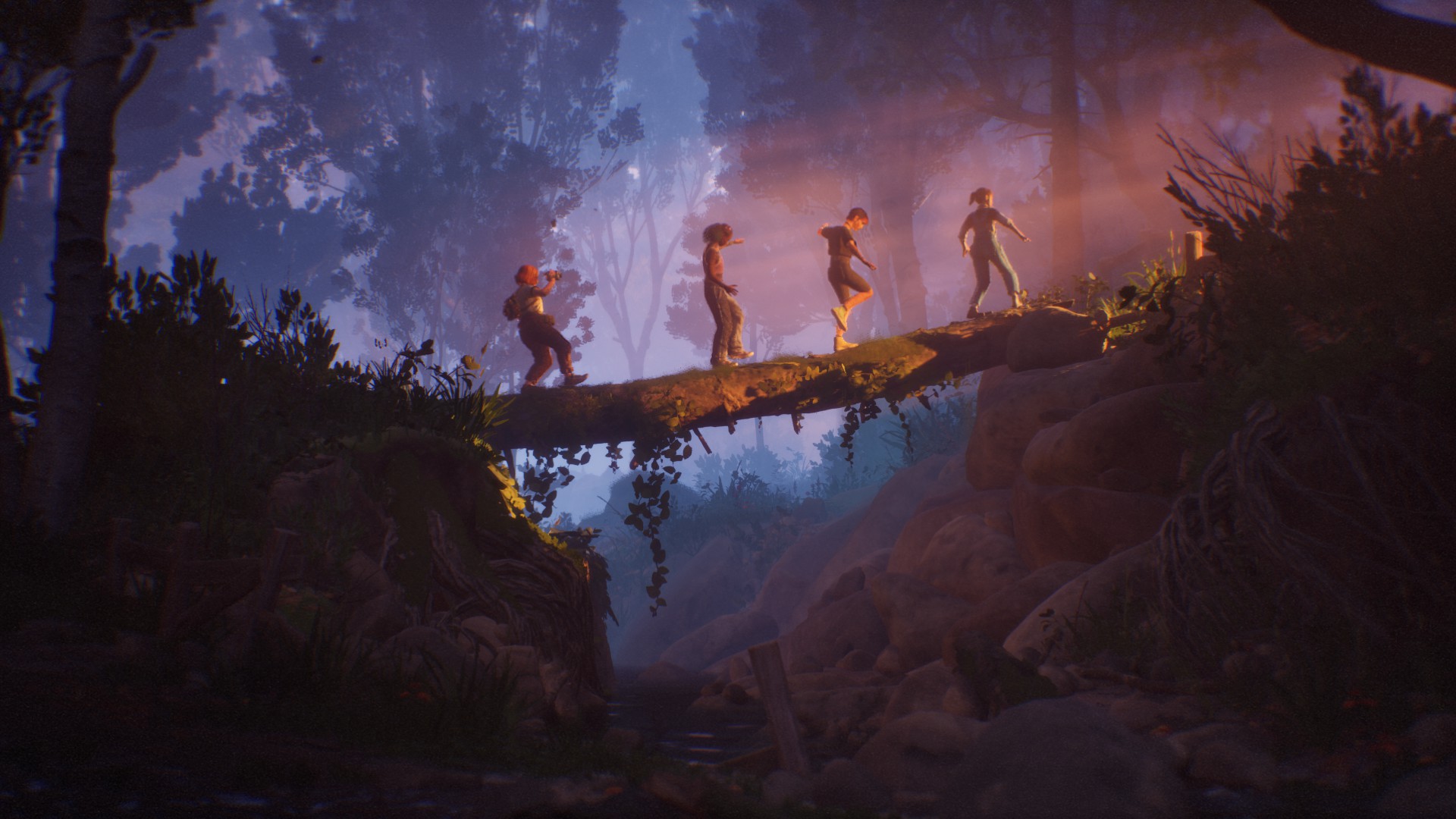 Swann, Autumn, Kat, and Nora balance across a fallen log in Lost Records: Bloom and Rage