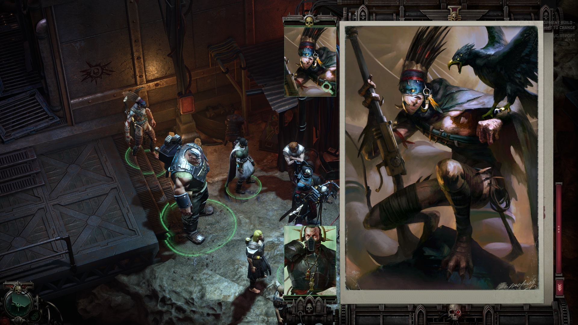 Video game screen showing five characters discussing a strategy. Inset images highlight a warrior with a raven and a cape. Atmosphere is tense and strategic.