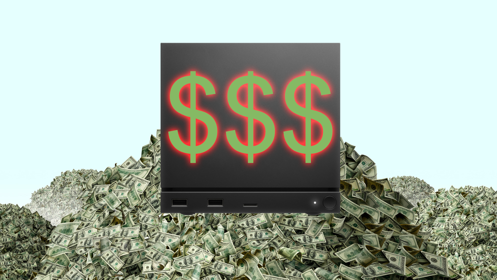 Steam Machine on a pile of money with dollar signs on it