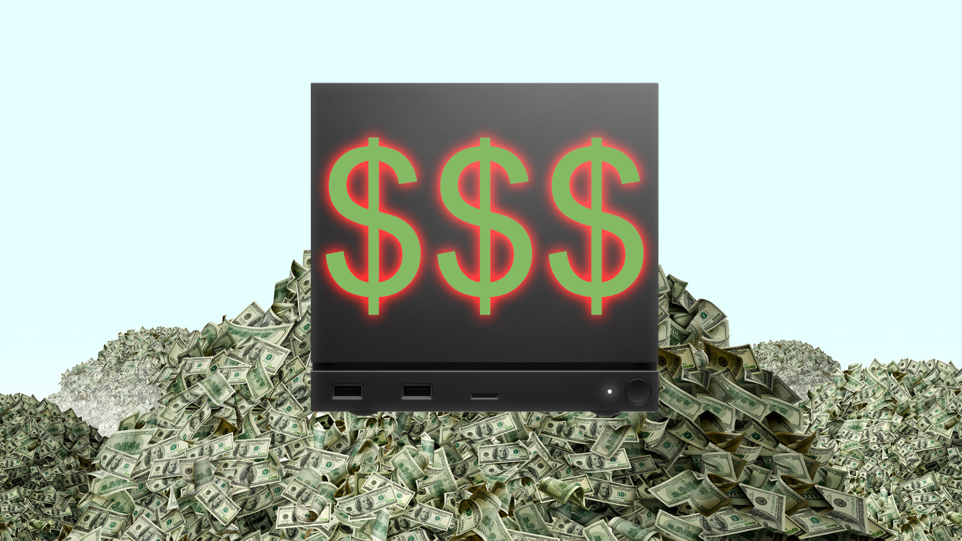 Steam Machine on a pile of money with dollar signs on it