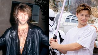 American singer-songwriter Jon Bon Jovi attends the 50th Annual Golden Globe Awards Rehearsals on January 22, 1993 at the Beverly Hilton Hotel in Beverly Hills, California AND In this handout image provided by Disney, Actors Millie Bobby Brown and Jake Bongiovi joined the Dark Side at Walt Disney World Resort in Lake Buena Vista, Fla. on September 27, 2022. The couple posed with First Order Stormtroopers and Darth Vaders lightsaber at Star Wars: Galaxys Edge at Disneys Hollywood Studios. Bongiovi said he is a big Star Wars fan and Brown said her favorite character is Princess Leia.