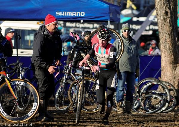 Zach McDonald (Rapha Focus) makes a bike change