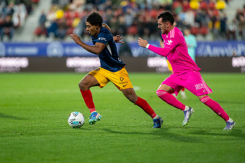 Jastin Garcia of FC Andorra is in action during the La Liga Hypermotion 25-26 match between FC Andorra and Granada CF at Estadi de la FAF in Encamp, Andorra, on September 14, 2025.