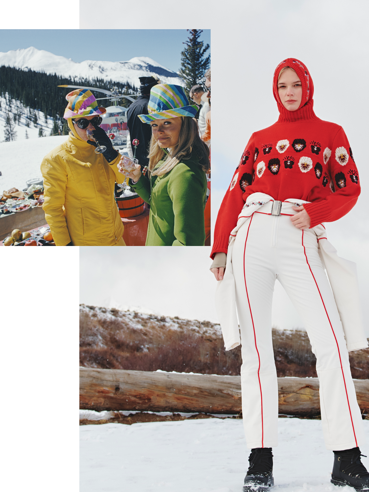 Women in colourful hats at an apres ski party in Snowmass Village, in Pitkin County, Colorado, in March 1968./woman waering a red balclava, red sweater, white snow pants, and black boots by Markarian x We Norwegians in the snow
