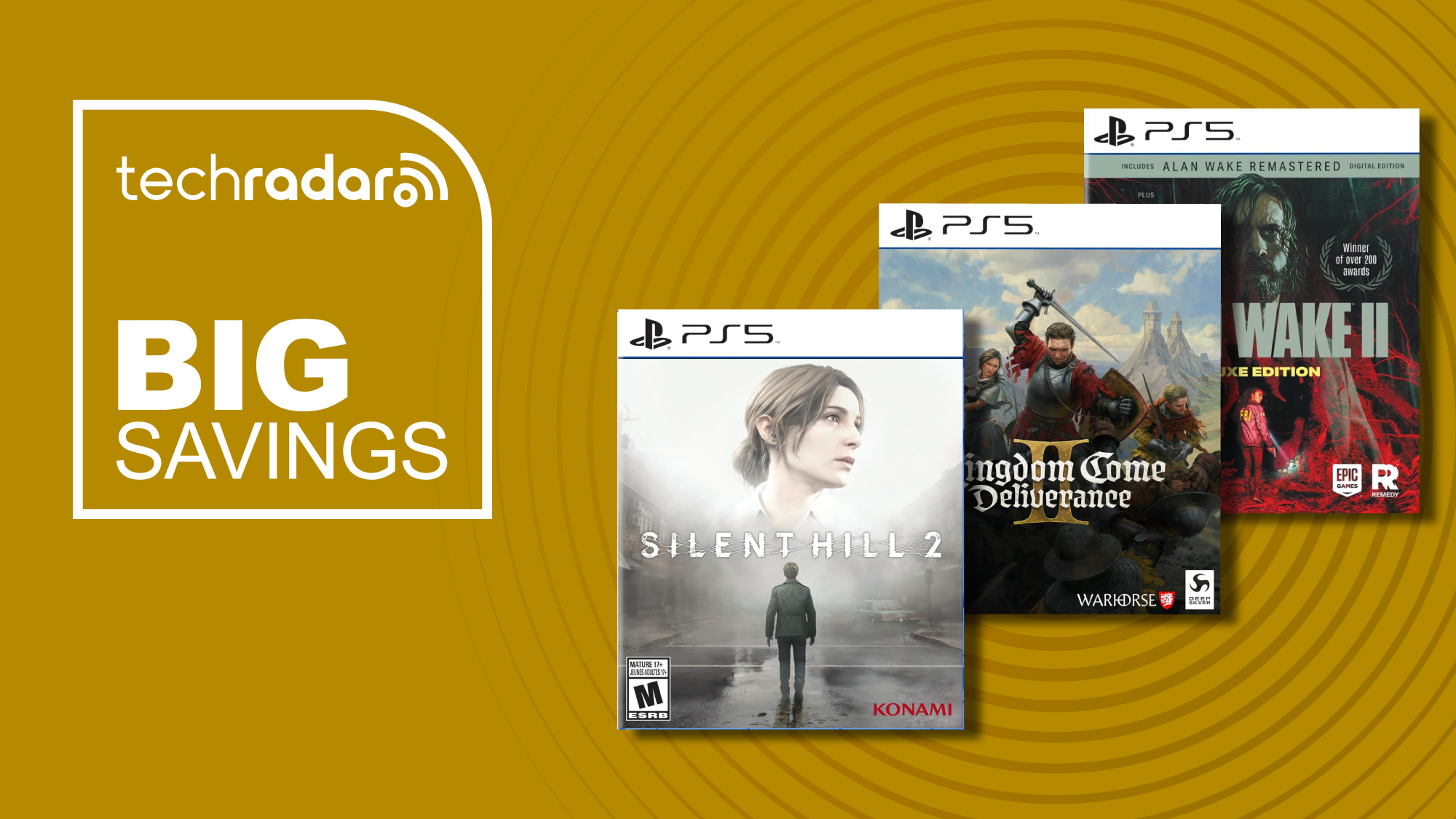 Three PS5 boxes against a yellow background