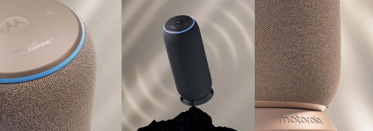 The Motorola Sound Flow Bluetooth speaker in PANTONE Carbon and Warm Taupe.