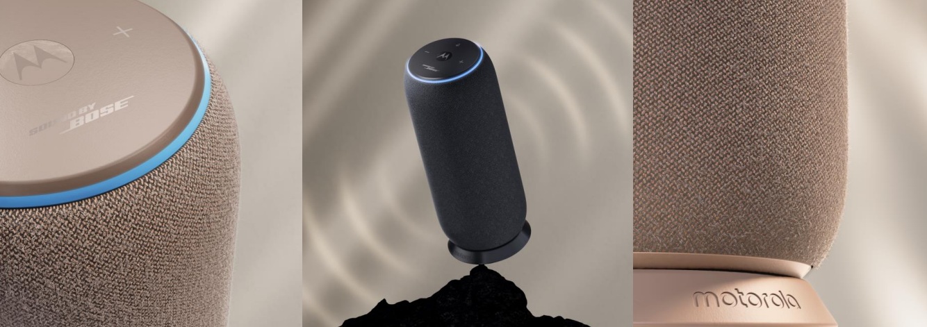 The Motorola Sound Flow Bluetooth speaker in PANTONE Carbon and Warm Taupe.
