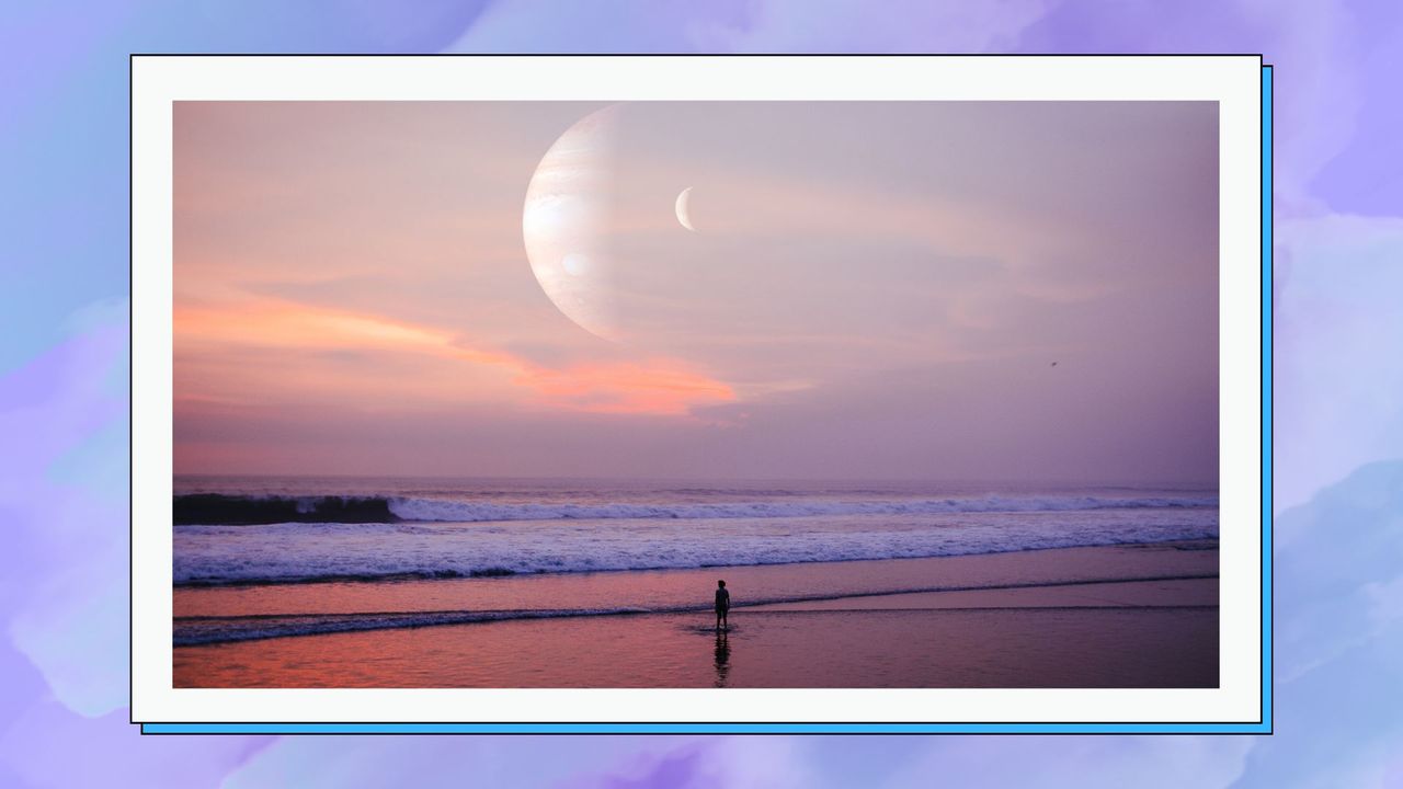 beach sunset with a woman looking at the water while jupiter and the new moon hang overhead