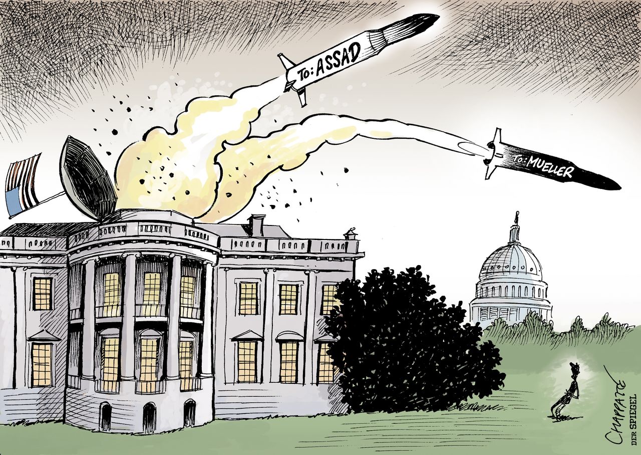 Political cartoon U.S. Trump Syria attack Mueller firing FBI Russia investigation