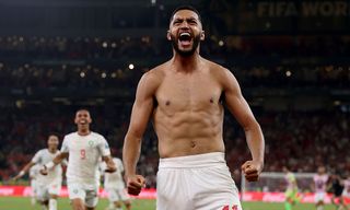 Ismael Saibari of Morocco celebrates scoring the winning penalty during the penalty shootout in the FIFA World Cup 2026 Round of 32 match between Netherlands and Morocco. 